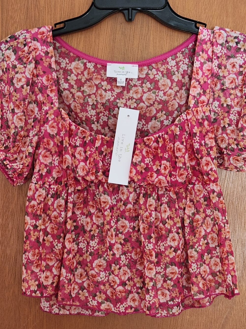 Floral Pink Puff-Sleeve Cropped Blouse